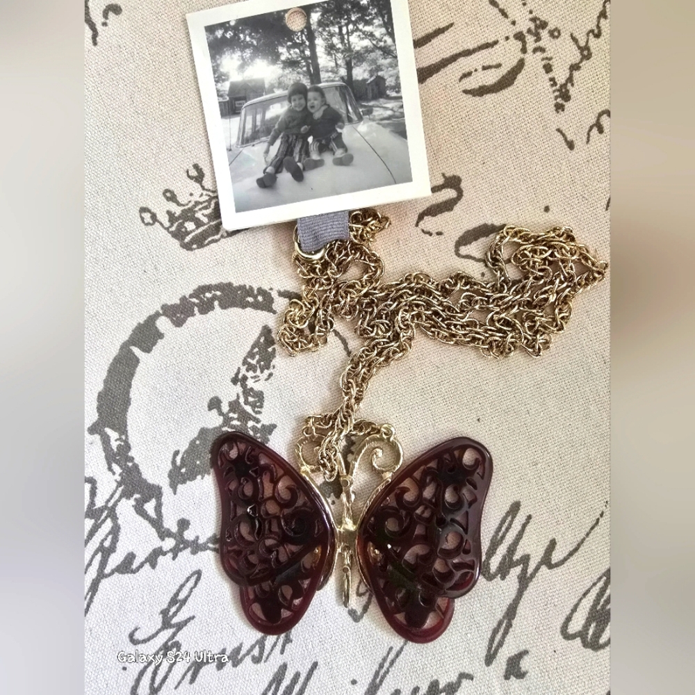 Anthropologie Brown Butterfly Gold Tone Long Statement Necklace NWT 34"
